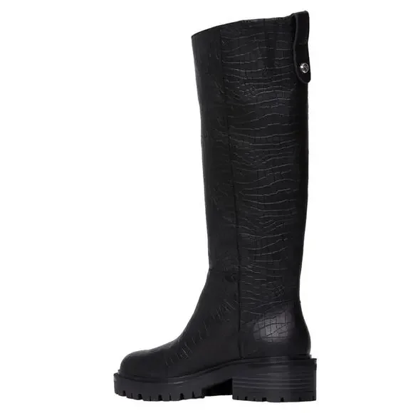 Paige Bella Black Tall/Knee High Boots Sz 9.5 Croc Embossed Leather Lug Sole New